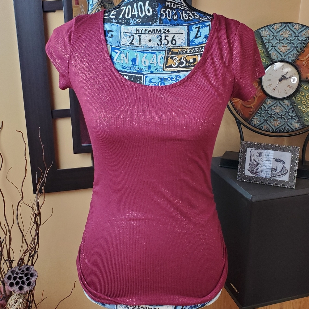 CANDIE'S BURGUNDY GOLDEN SHIMMER STRAPPY BACK TOP! - Picture 2 of 15